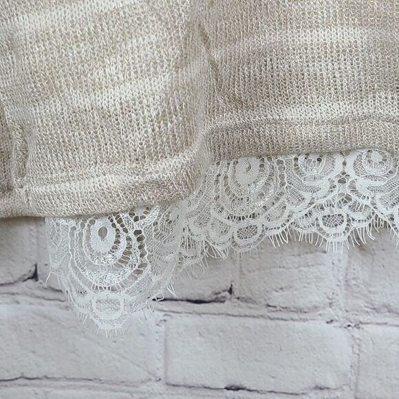 Alya Abby Hacci Lace Combo Stripe Top Beige Lightweight Sweater Tie Super Soft - Picture 6 of 9